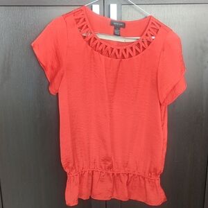 Spende Vibrant Red Orange Blouse with Geometric Cutout Elastic Waist - S